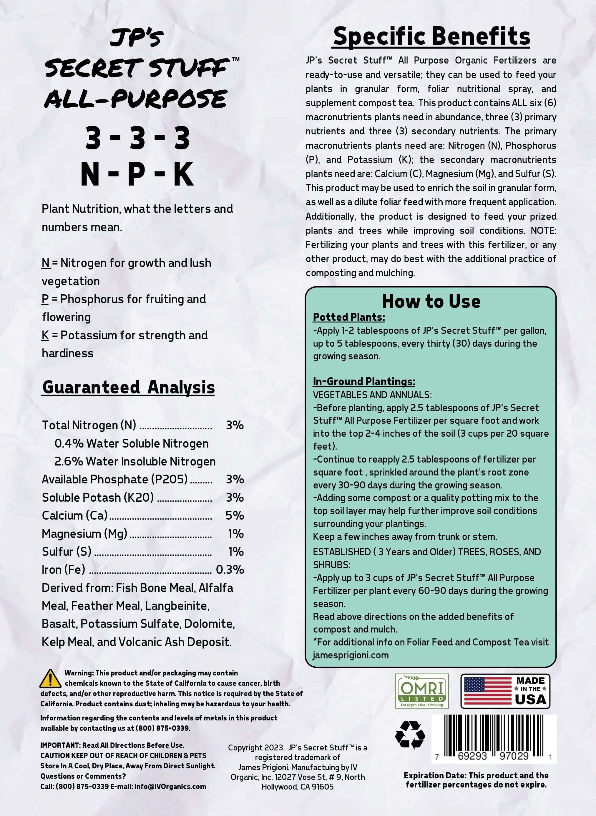 Secret Stuff Organic All Purpose Fertilizer 3-3-3 4lb