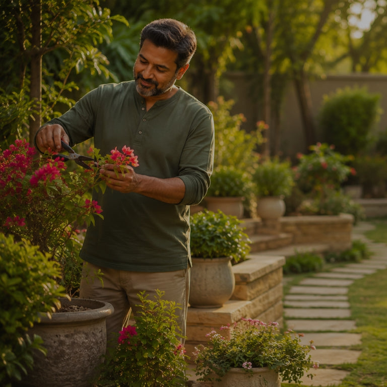 Man tending to plants in a garden with a pathway and greenery.