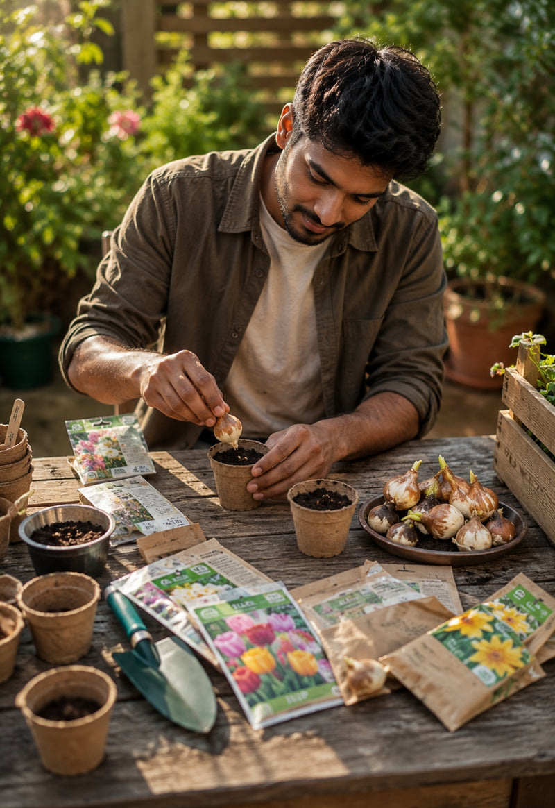 Man gardening at a table with plants and gardening supplies