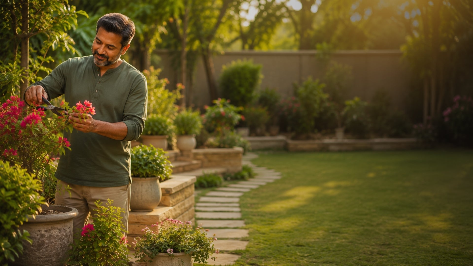 Man tending to plants in a garden with a pathway and greenery.