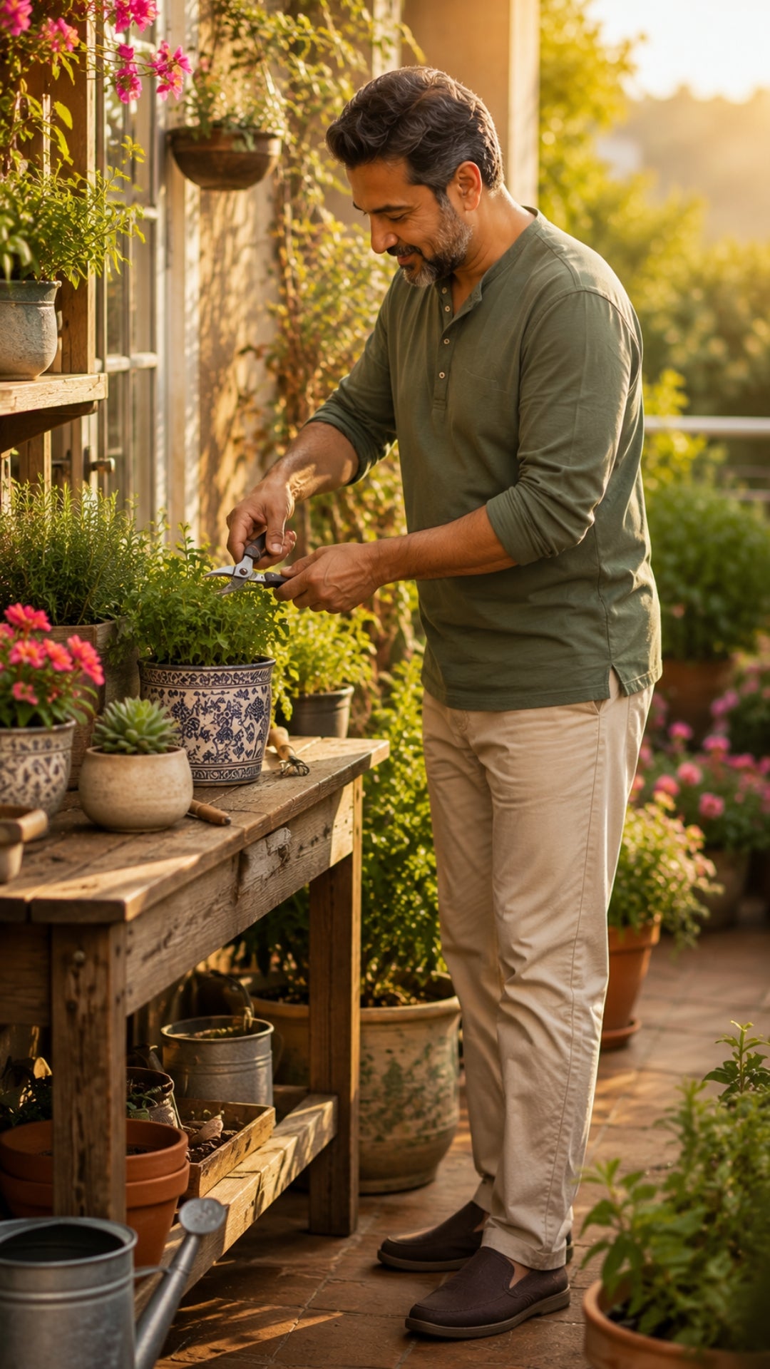 Man tending to plants in a garden setting