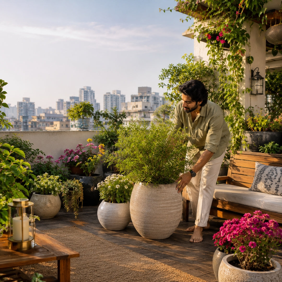 Man tending to plants on a rooftop garden with cityscape in the background
