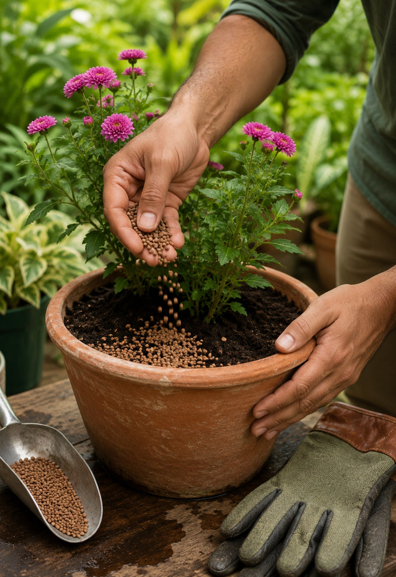 Person adding fertilizer to a potted plant with gardening tools nearby