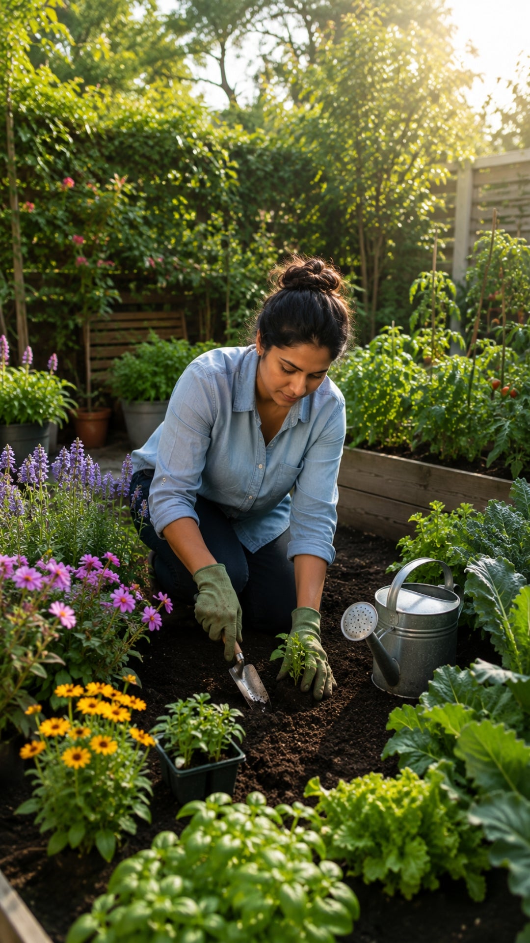 Woman gardening in a lush garden with plants and flowers around her.