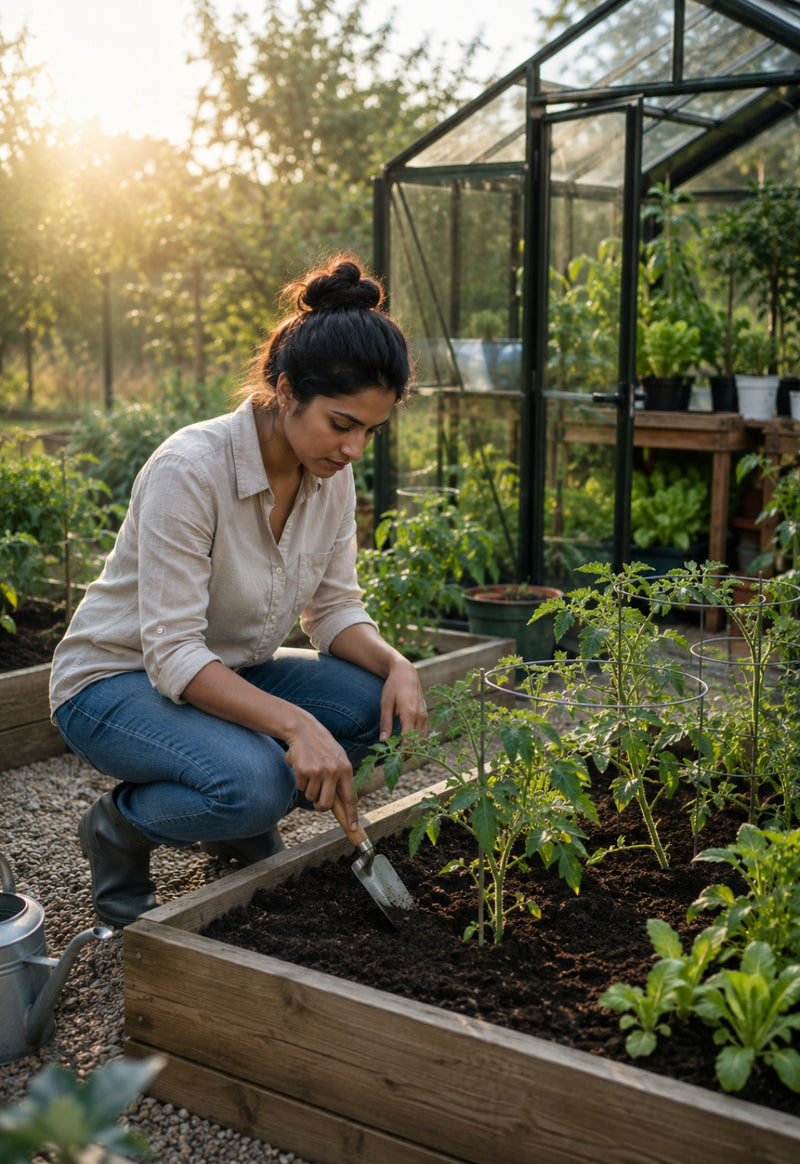 Woman tending to plants in a garden with a greenhouse in the background
