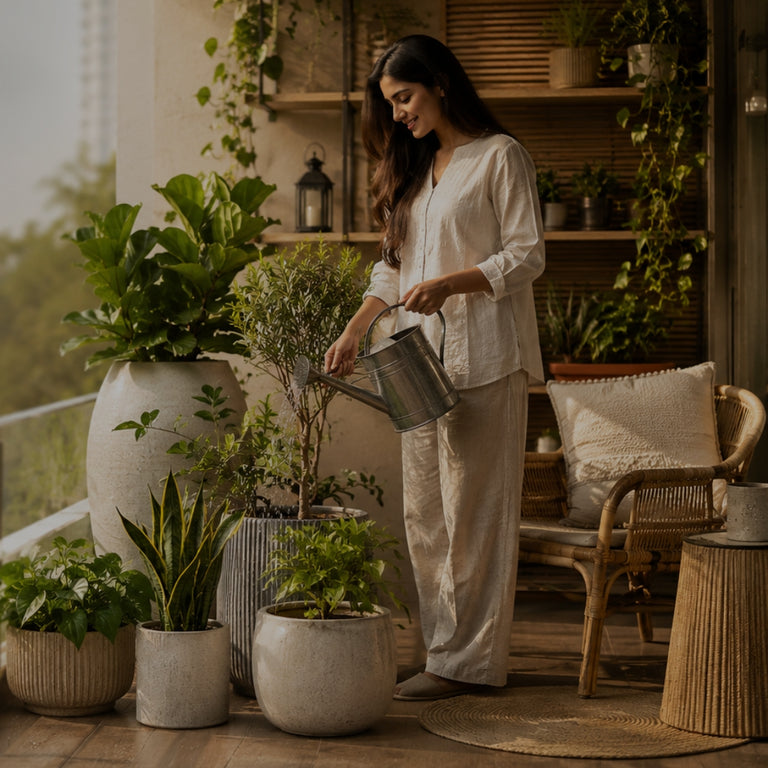 Woman watering plants on a balcony with a cityscape in the background
